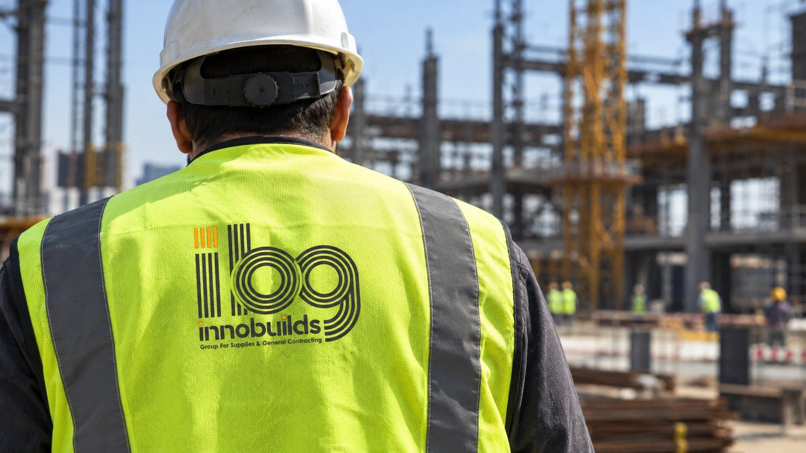 INNOBUILDS site engineer in a hi-vis vest with the company logo, seen from behind